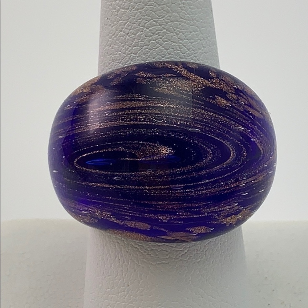 Beautiful Blue, Gold Flake Glass Ring Size 7.5-8